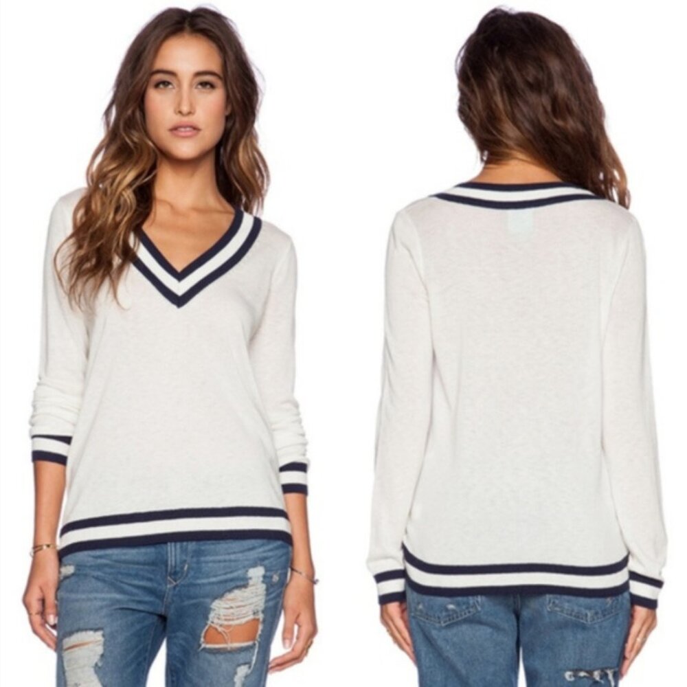 C&C California V Neck‎ Tipped University Sweater Cream Navy Lightweight (Size M)